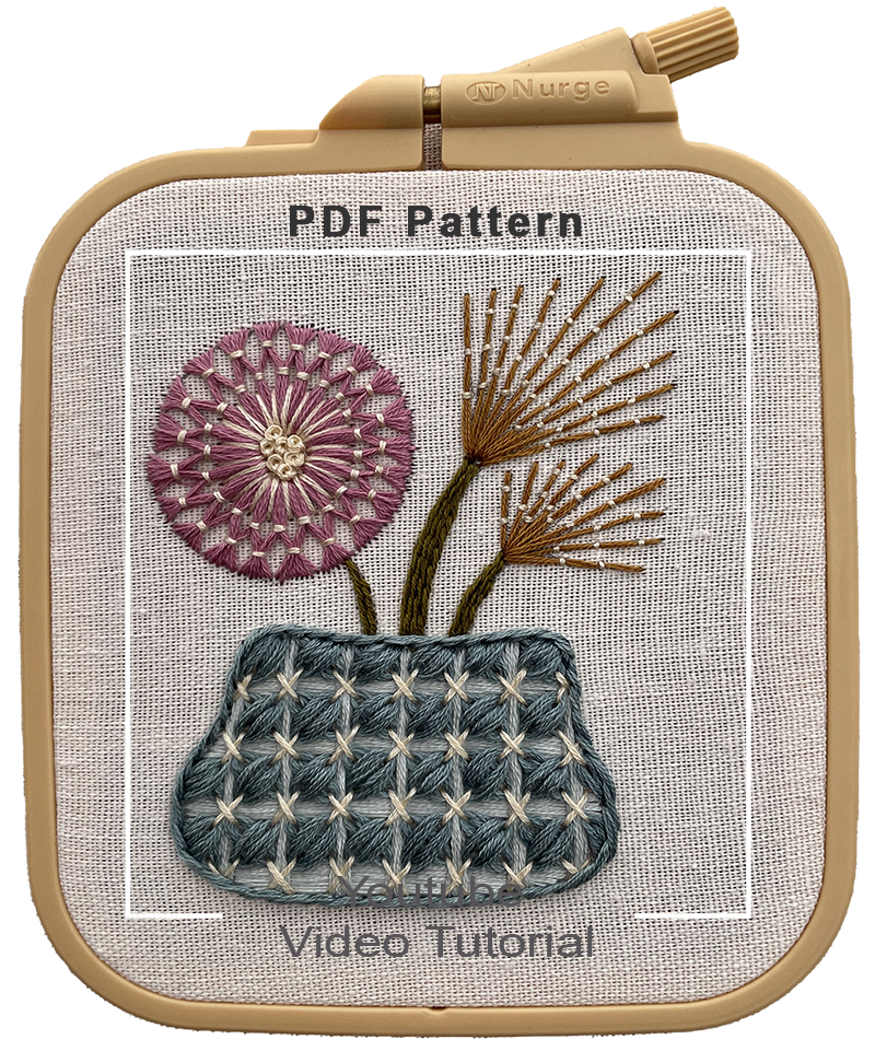 Unique Needle Work Basket with Couching Stitch Flowers